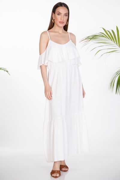 Maxi dress with ruffles and cold-shoulder design