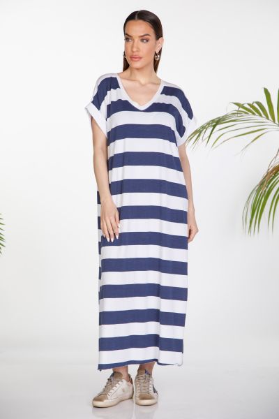 Maxi ριγέ T-shirt φόρεμα με V λαιμόκοψη