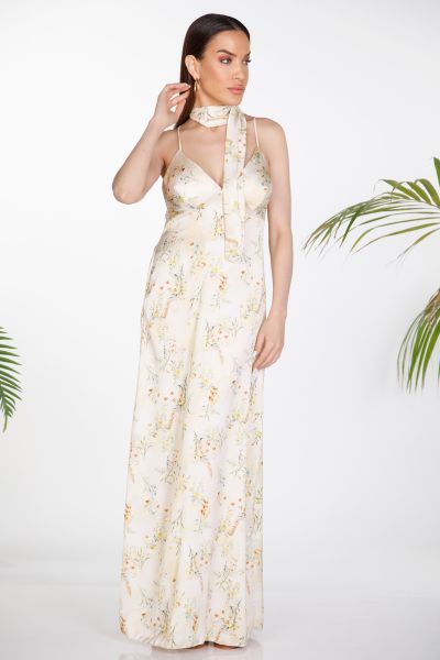 Maxi satin floral dress with matching scarf