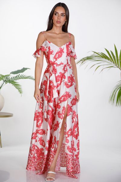Maxi φόρεμα με prints και σκίσιμο