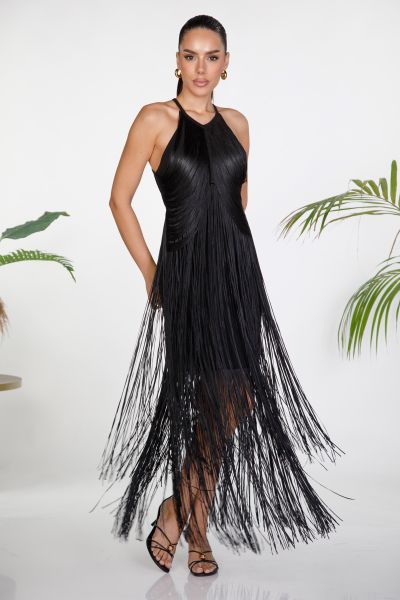 Maxi halter dress with fringes and open shoulders