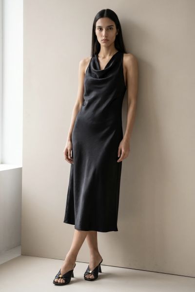 Open-back draped satin dress