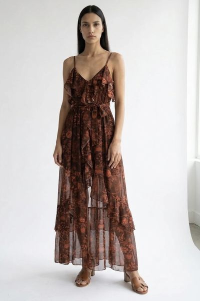 Floral chiffon dress with frills, and belt