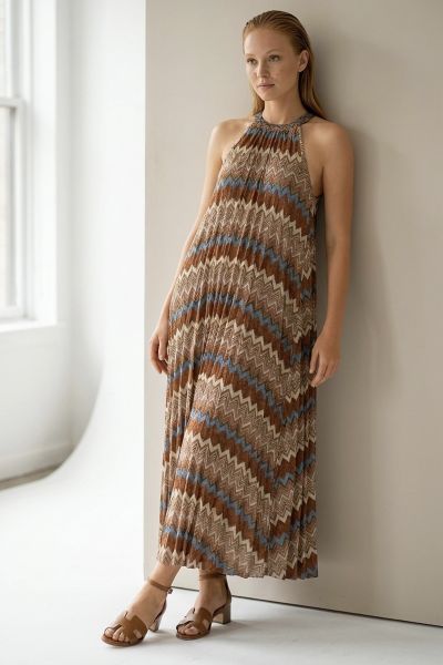 Sleeveless zig-zag lurex maxi dress with neck tie