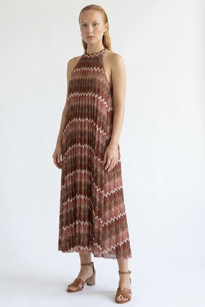 Sleeveless zig-zag lurex maxi dress with neck tie