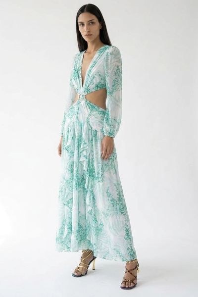 Floral cut-out dress with frills and tie detail