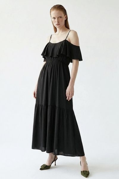 Off-the-shoulder maxi strappy dress with frills