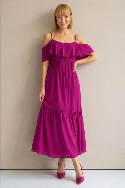 Off-the-shoulder maxi strappy dress with frills