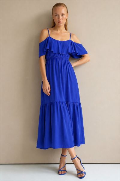 Off-the-shoulder maxi strappy dress with frills