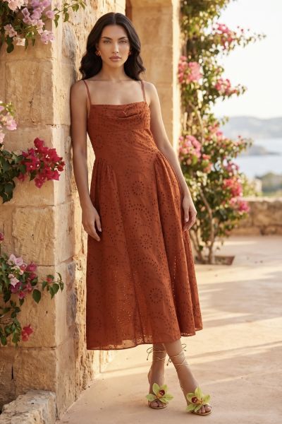 Μίντι φόρεμα broderie με σφηκοφωλιά