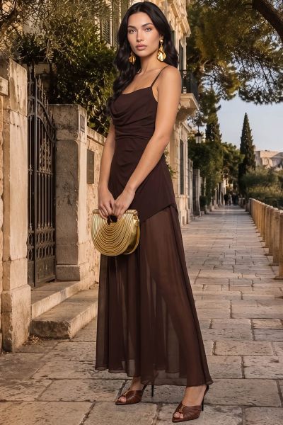 Μάξι ντραπέ φόρεμα με σούρες και τούλι