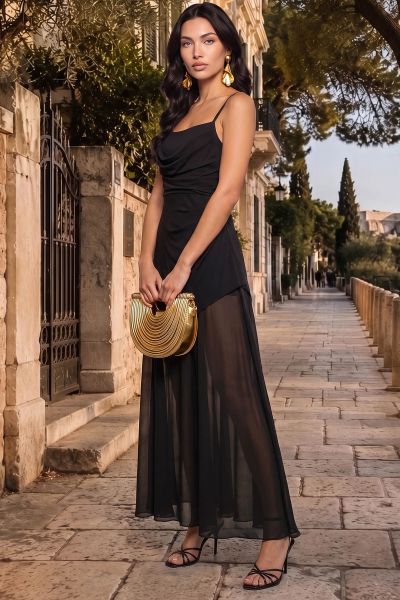 Μάξι ντραπέ φόρεμα με σούρες και τούλι