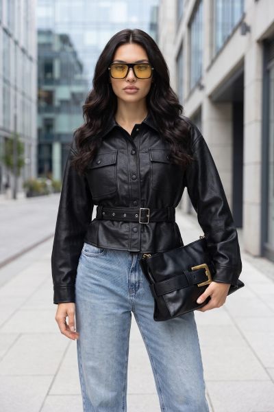 Jacket δερματίνη με τσέπες και ζώνη