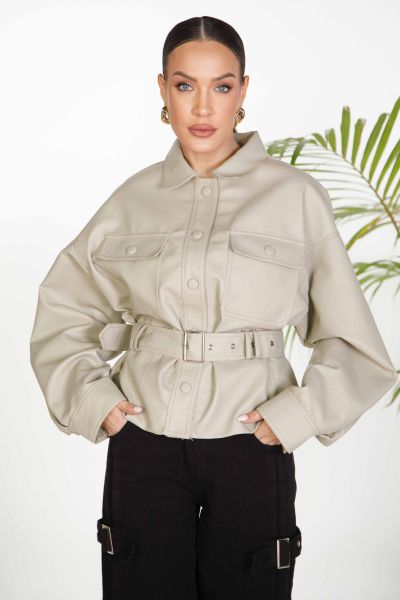 Jacket δερματίνη με τσέπες και ζώνη