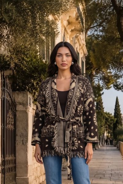 Κοντή πλεκτή ζακέτα με λαχούρια, κρόσια και ζώνη - ΛΑΔΙ