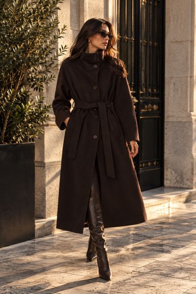 Μακρύ παλτό με ψηλό γιακά και ζώνη - ΚΑΦΕ ΣΚΟΥΡΟ