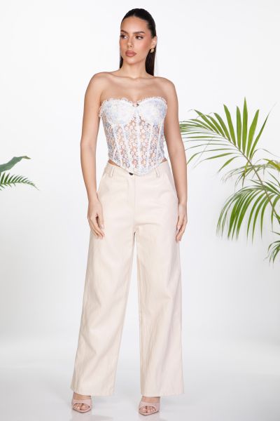 Faux Leather Wide-Leg Pants with Button
