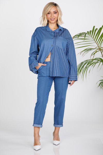 Chambray trousers with faux leather belt