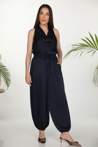 Satin pants with elastic waist & balloon hem