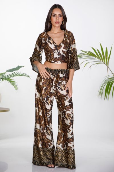 Satin wide-leg trousers with ethnic prints