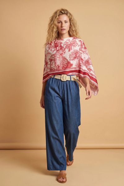 Denim-look wide-leg trousers with straw belt