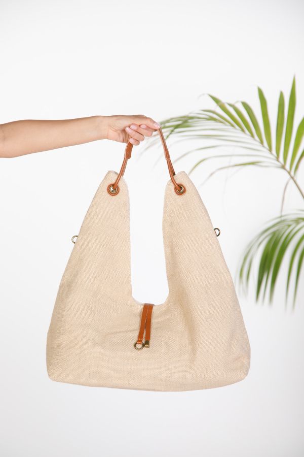 Fabric hobo bag with leather details