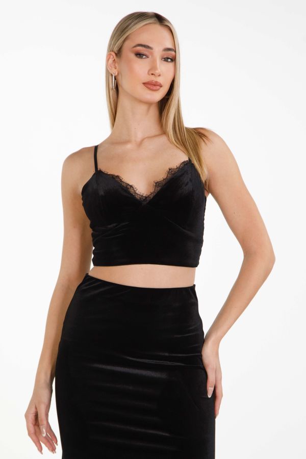 Βελούδινο crop top με δαντέλα