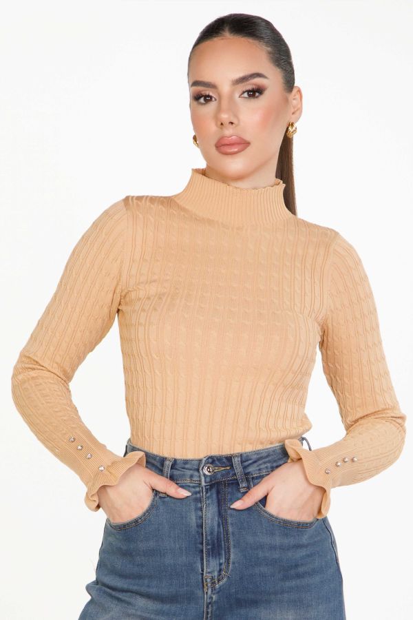 Braided pattern blouse with rhinestones and ruffle sleeves