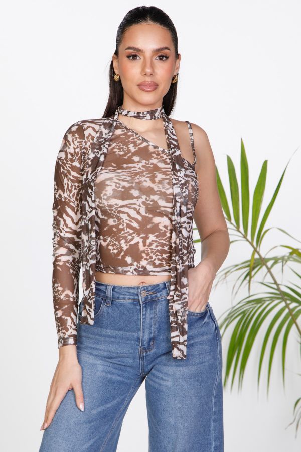 Sheer Animal Print Blouse with Tie Detail