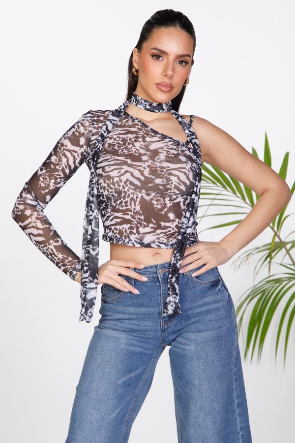 Sheer Animal Print Blouse with Tie Detail