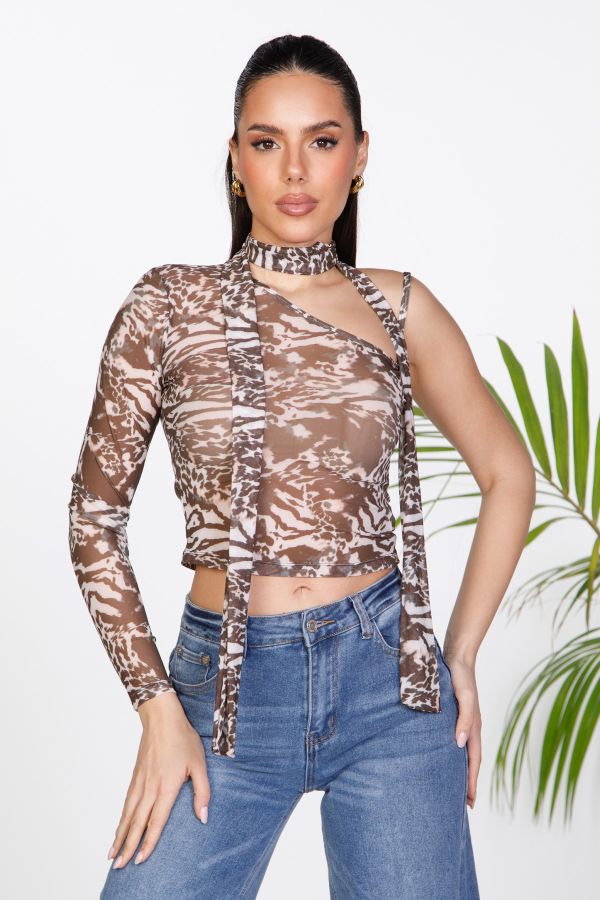 Sheer Animal Print Blouse with Tie Detail