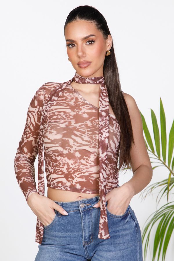 Sheer Animal Print Blouse with Tie Detail