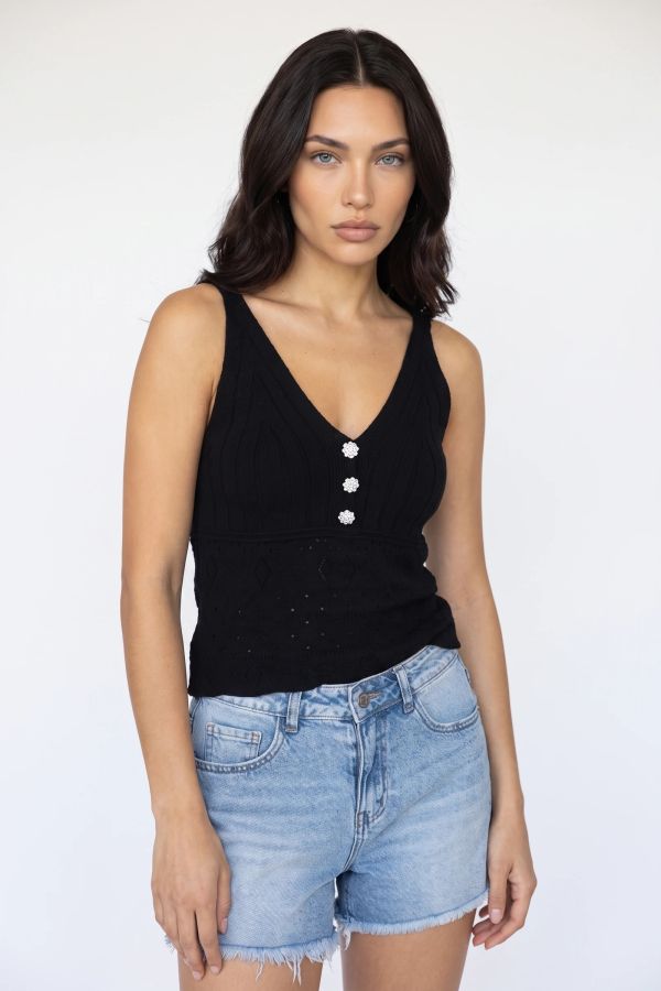 Μπλούζα crop top με κουμπιά με στρας και V