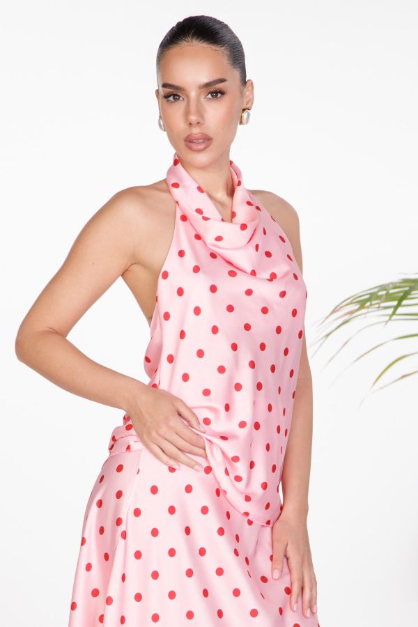 Halter satin polka dot draped blouse