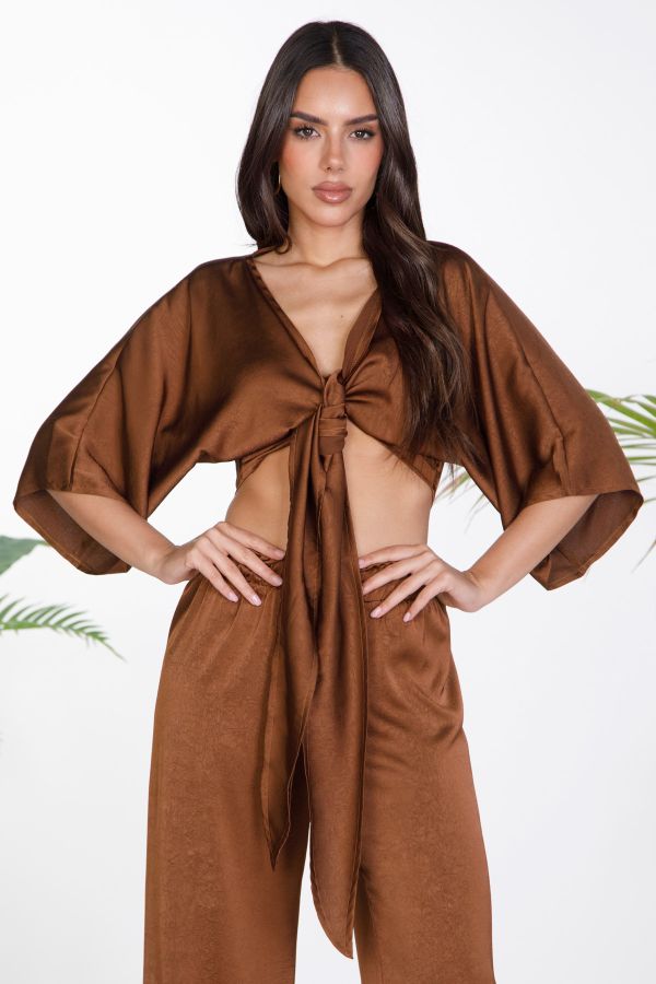 Satin tie-front crop top with bell sleeves