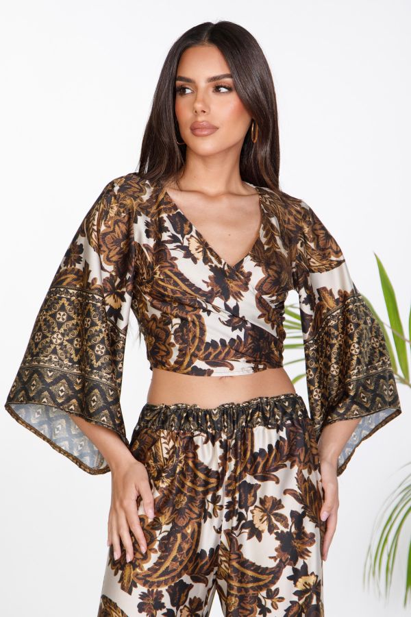 Wrap crop top with ethnic prints