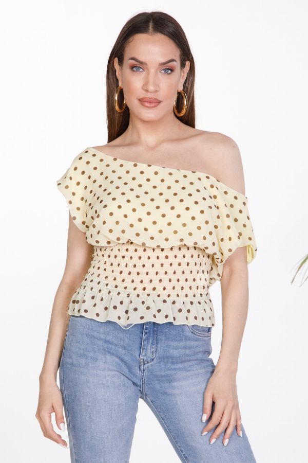 Off-the-shoulder chiffon muslin polka dot top
