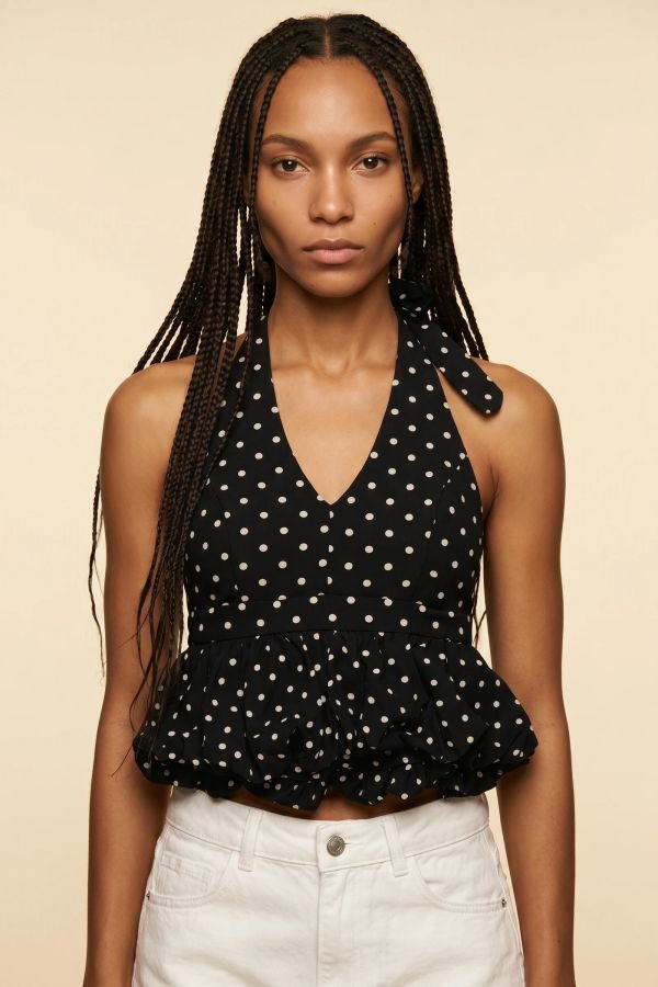 Polka dot open-back top with ruffles