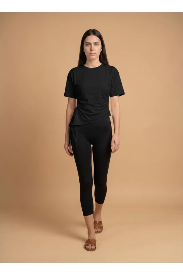 Asymmetric short sleeve top with side ruched detail