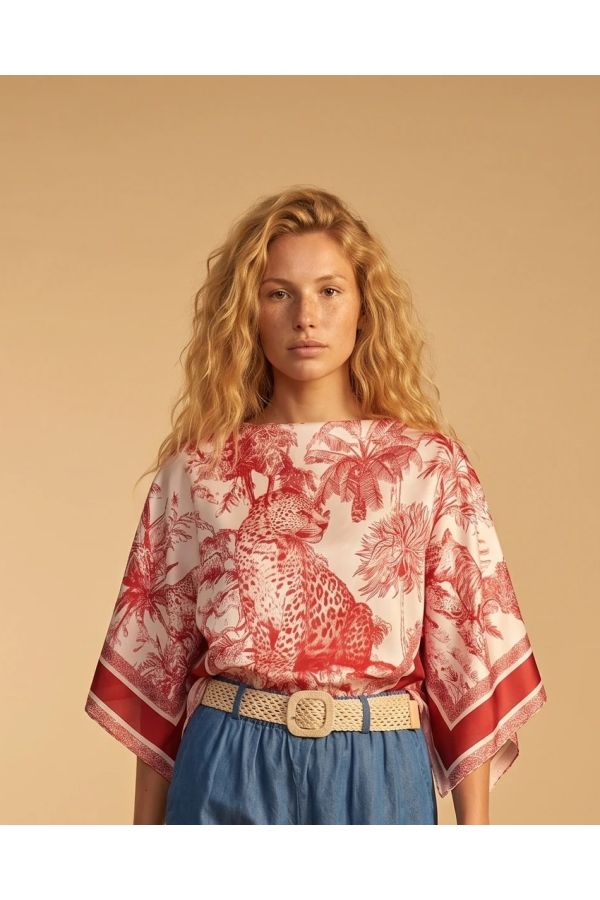 Asymmetrical satin printed blouse