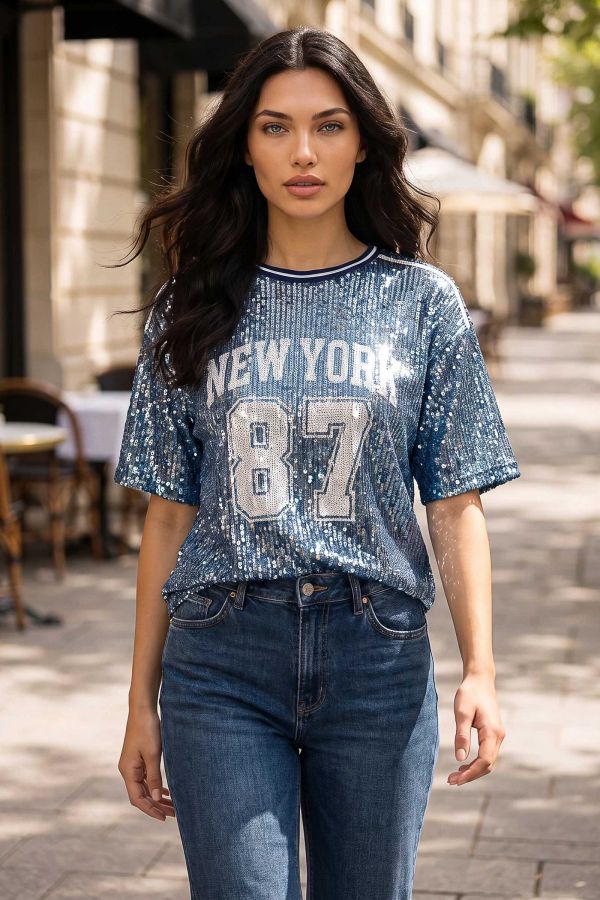 Jersey μπλούζα με λεοπάρ παγιέτες & στάμπα "NEW YORK" - ΜΠΛΕ