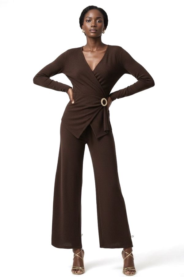 Knitted wrap co-ord with gold buckle on the side