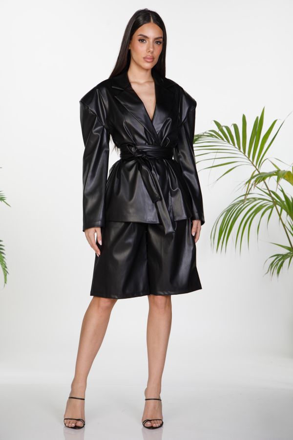 Faux leather set oversized blazer and pleated bermuda shorts