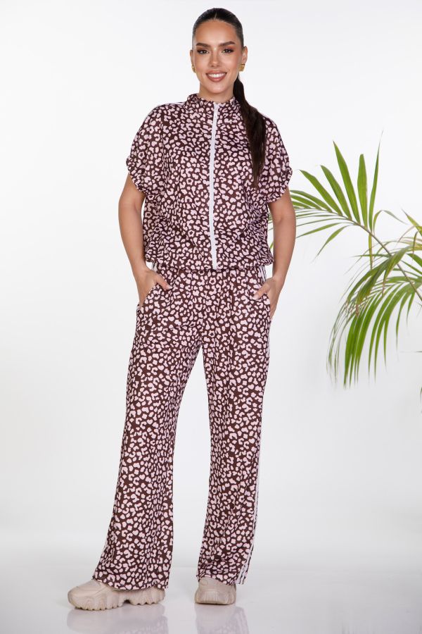 Leopard short-sleeve cardigan set with pants
