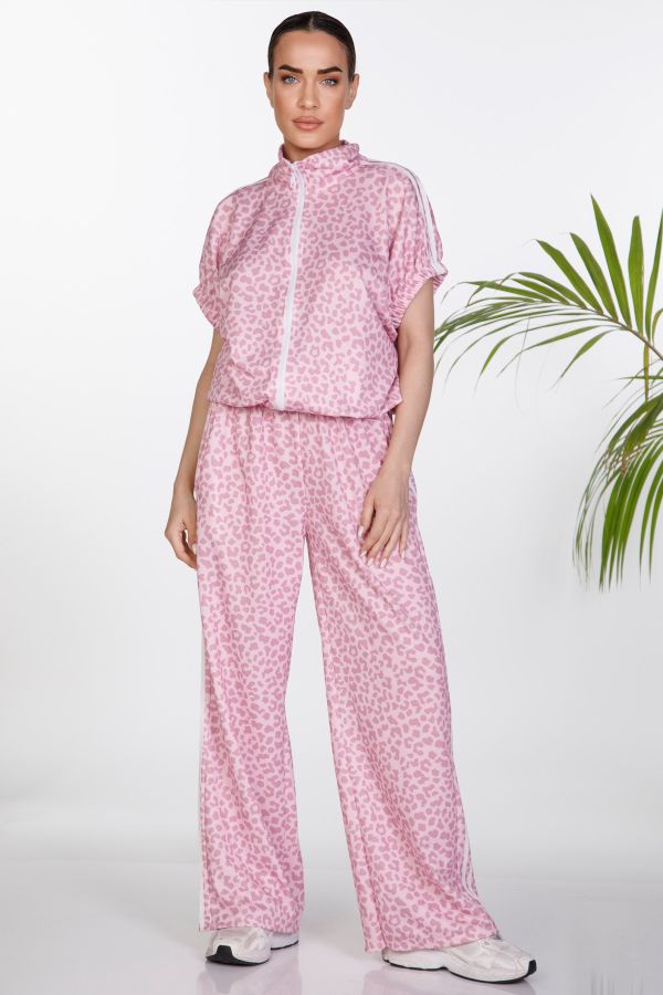 Leopard short-sleeve cardigan set with pants