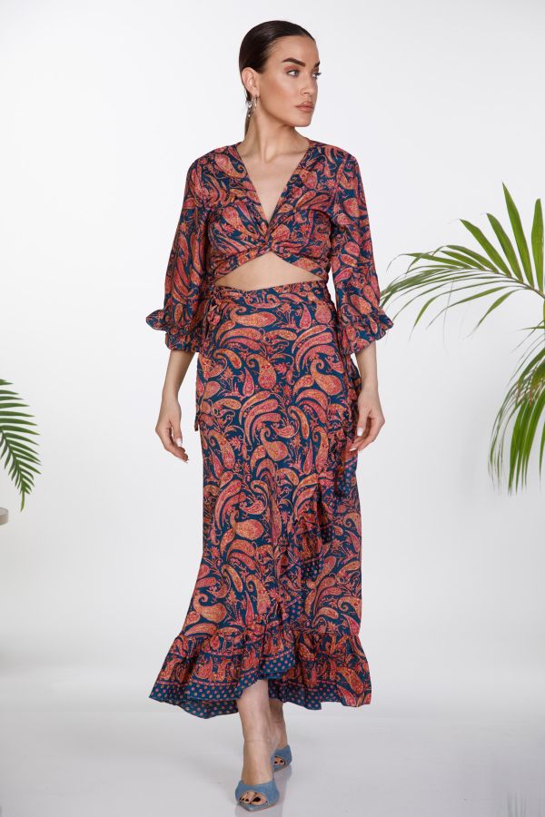 Σετ boho crop top , φούστα με βολάν