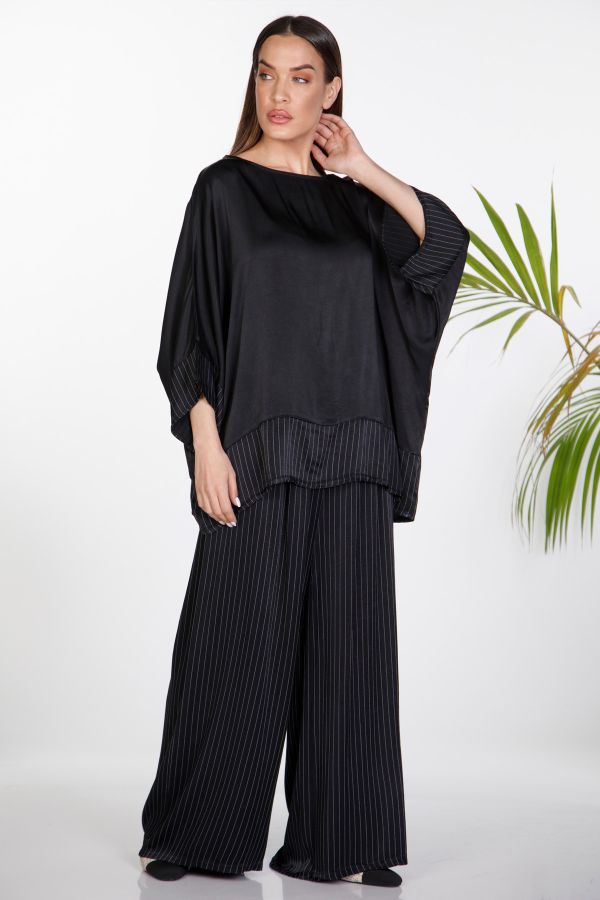 Oversize σατέν σετ μπλούζα μανίκι νυχτερίδα & παντελόνα ριγέ