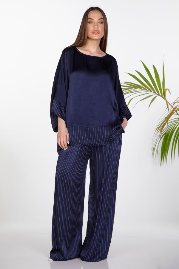 Oversize σατέν σετ μπλούζα μανίκι νυχτερίδα & παντελόνα ριγέ