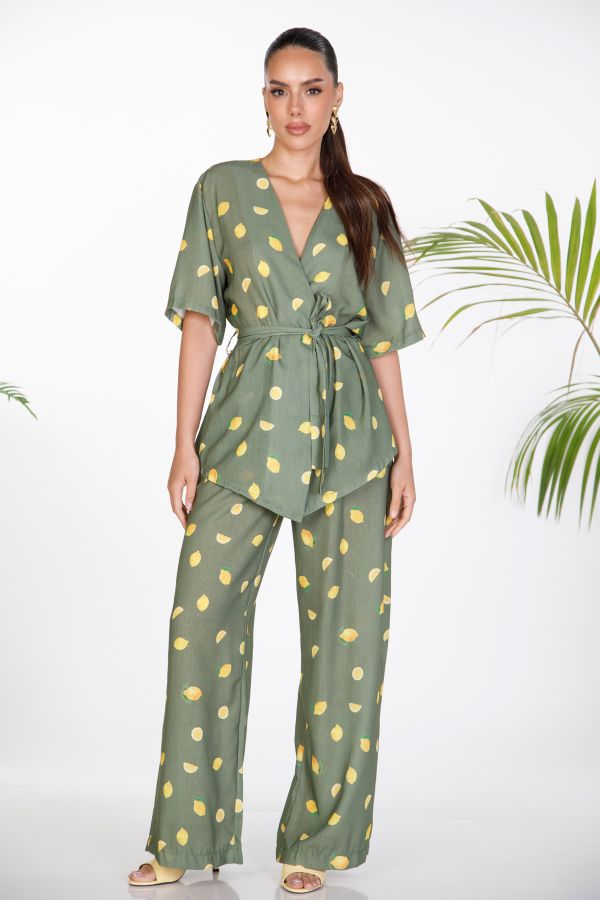 Kimono and wide-leg trousers set with lemon print