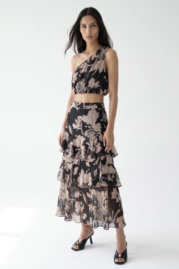 Φλοράλ σετ με crop top και μάξι φούστα με βολάν